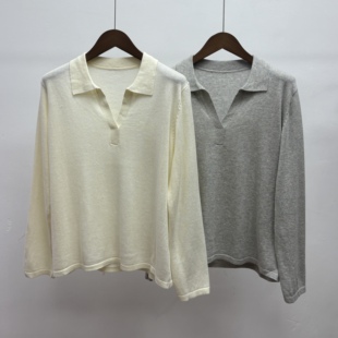 套头衫 亚麻棉混纺春秋新品 翻领宽松大码 纯色简约休闲风针织衫 女式