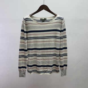 瑕疵棉混纺尾货春秋女装 套头 软糯条纹简约休闲风圆领打底毛衣长袖