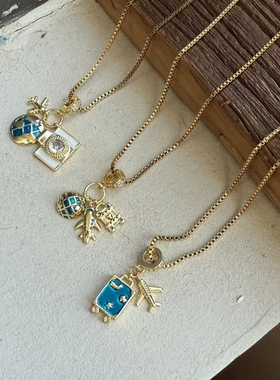 旅行飞机地球笔记本组合吊坠项链甜酷辣妹时尚轻奢气质小众锁骨链