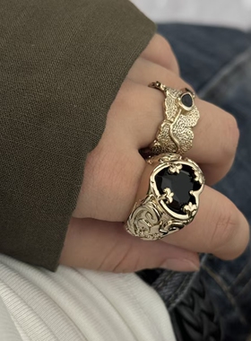 复古欧美咖啡金黑色锆石时尚水晶百搭开口戒指夸张小众设计指环