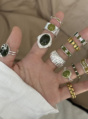 金银色独特绿色珐琅滴油戒指女法式中古风设计高级感欧美食指戒指