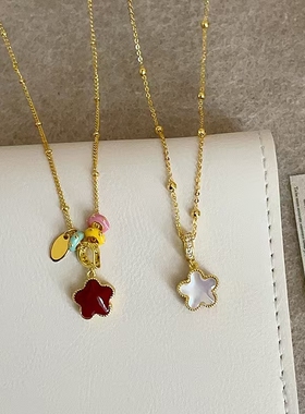 甜美红色滴油贝母双面花朵吊坠项链个性精致时尚高级感颈链毛衣链