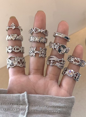 精致锆石银色戒指ins蝴蝶结爱心造型百搭食指欧美高级设计感指环