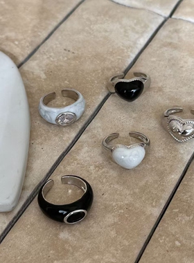 个性甜酷辣妹珐琅椭圆锆石戒指ins风时尚百搭爱心开口高级感指环