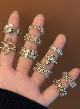 蕾丝浅钛金真金戒指镂空时尚小众花朵开口高级设计感开口戒指指环