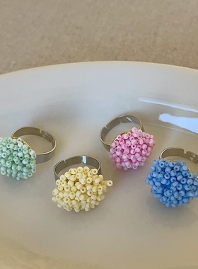 清新甜美彩色串珠花朵开口戒指女小众高级感精致时尚百搭指环戒