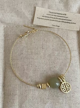 新中式绿色天然石福牌手链女轻奢复古个性潮流时尚百搭手环手饰