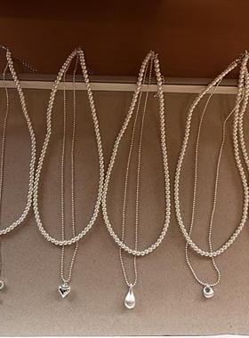 轻奢双层珍珠水滴豆豆蝴蝶结吊坠项链甜美百搭叠戴气质锁骨链女