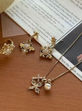 轻奢优雅浅金色镶钻耳环项链戒指极简风时尚百搭轻奢高级感首饰