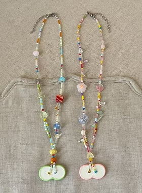 甜美彩色琉璃水晶串珠苹果项链小清新少女感时尚优雅颈链毛衣链