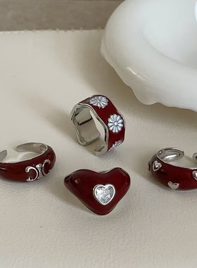复古高级感几何滴油红色爱心戒指轻奢气质小众时尚潮流百搭指环戒