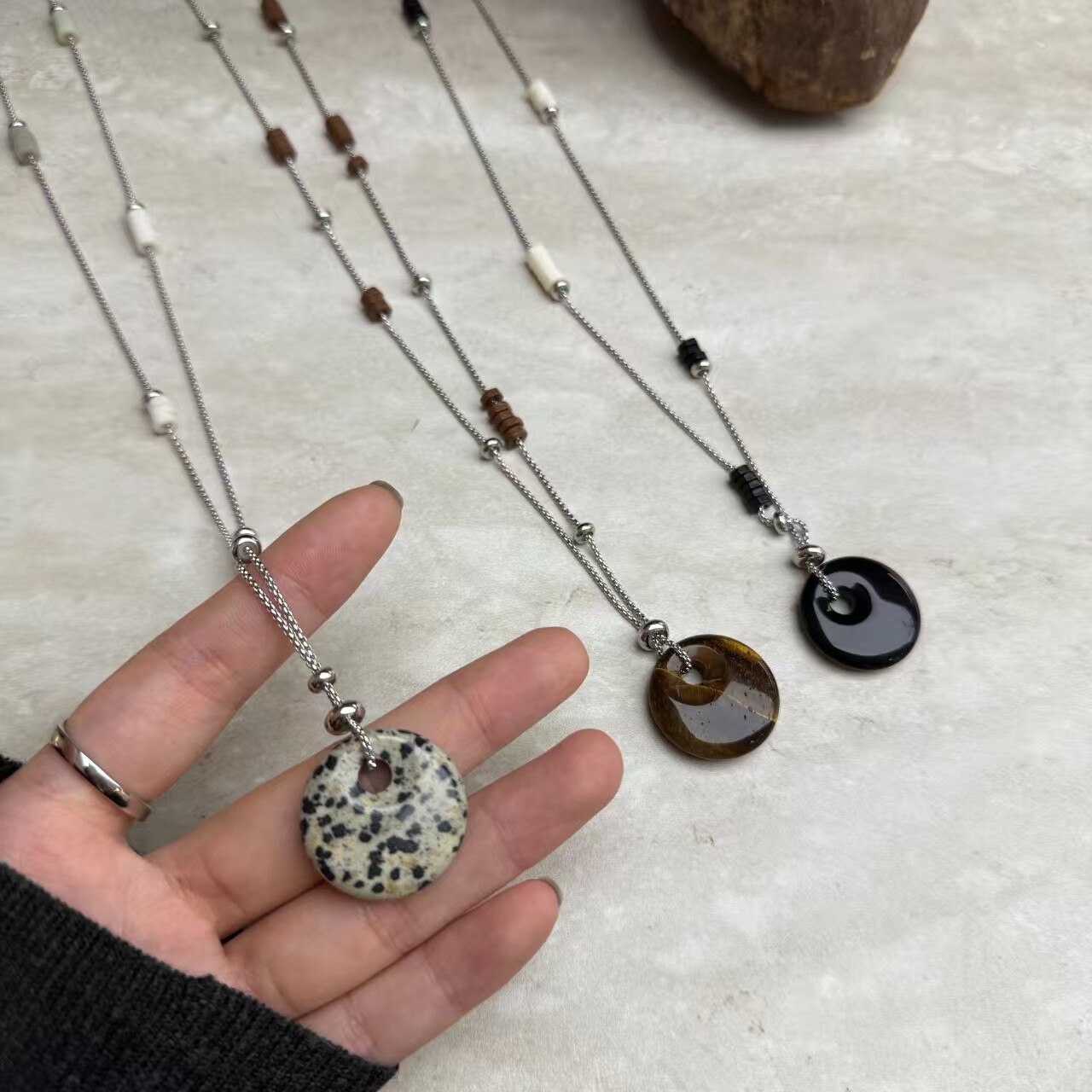 国风天然石平安扣项链不锈钢链抽拉气质甜酷高级感拼接个性毛衣链