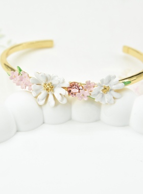 法国手工珐琅 莫里索印象 蕾丝花 马鞭草 粉宝石叶 手镯