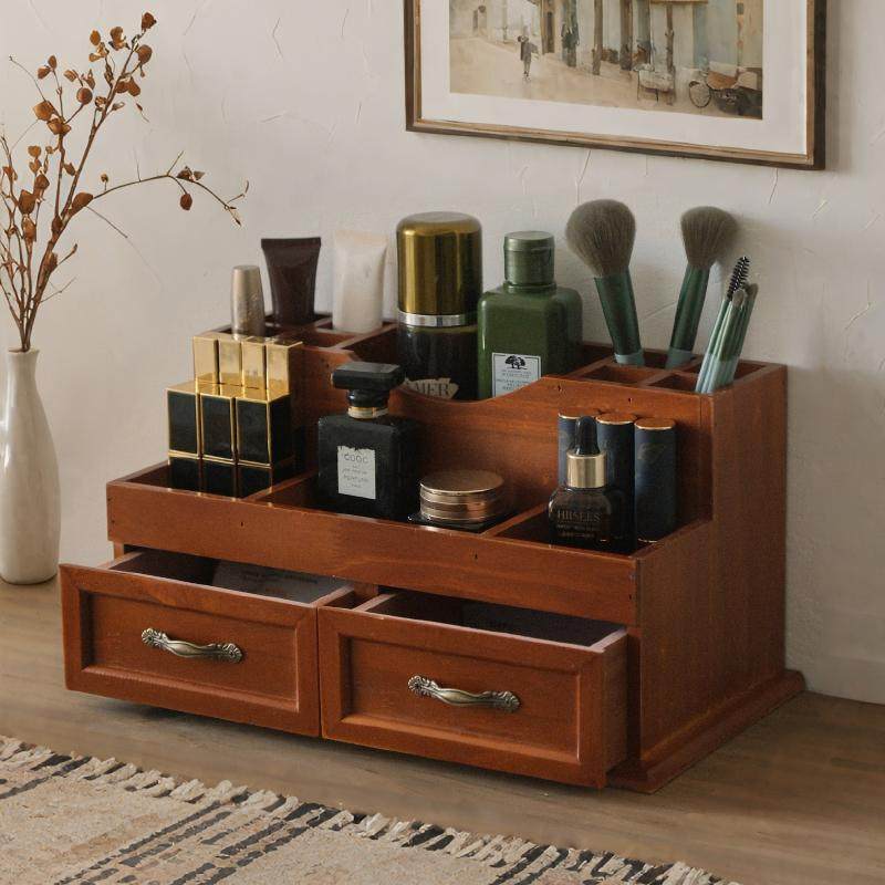 复古风木制带抽屉桌面收纳盒