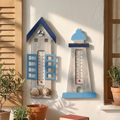 海洋风创意木质房形温度计壁饰家居墙面玄关装 饰船锚帆船造型挂件