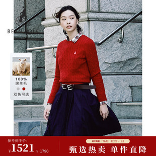 100%绵羊毛BEANPOLE滨波25秋冬女慵懒感麻花圆领套头毛衫 新品