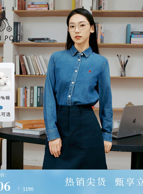 BEANPOLE滨波 春夏女士松弛知识分子高智感蓝色牛仔全棉长袖衬衫