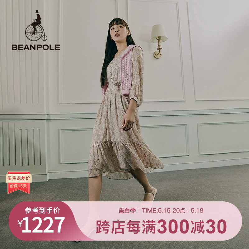 beanpole碎花收腰v领A字连衣裙