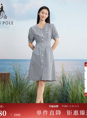 BEANPOLE滨波  女士泡泡纱简约格纹设计度假风V领优雅气质连衣裙