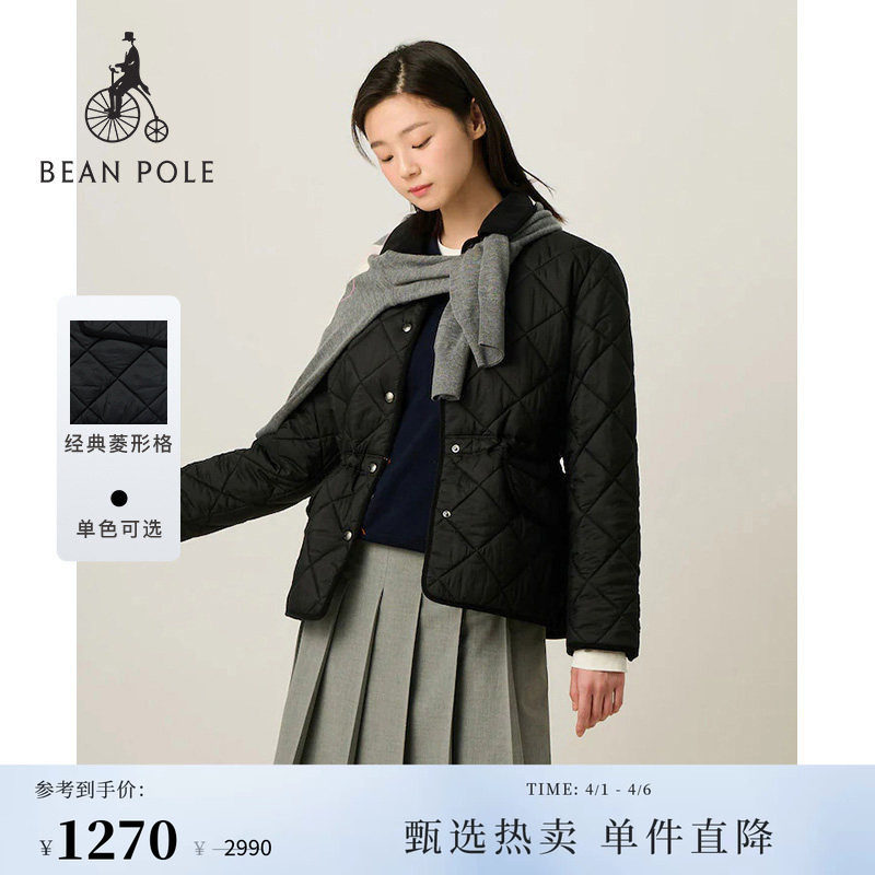 BEANPOLE滨波  春季女中长款简约休闲翻领菱形格绗缝棉服夹棉外套