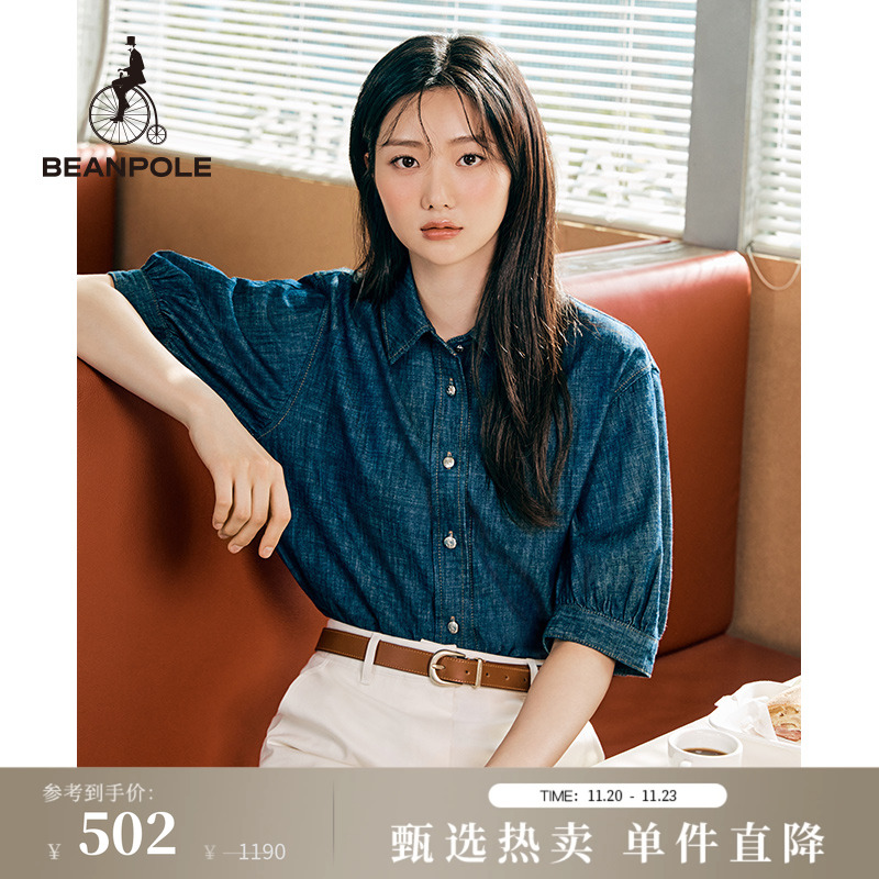 短袖牛仔衬衫滨波美式复古翻领