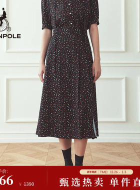 BEANPOLE滨波 女士休闲黑色爱心褶皱甜美风职场优雅碎花A字半身裙
