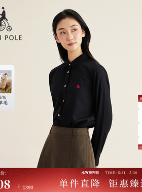 含绵羊毛BEANPOLE滨波 女士休闲随性黑色休闲风简约翻领长袖衬衫
