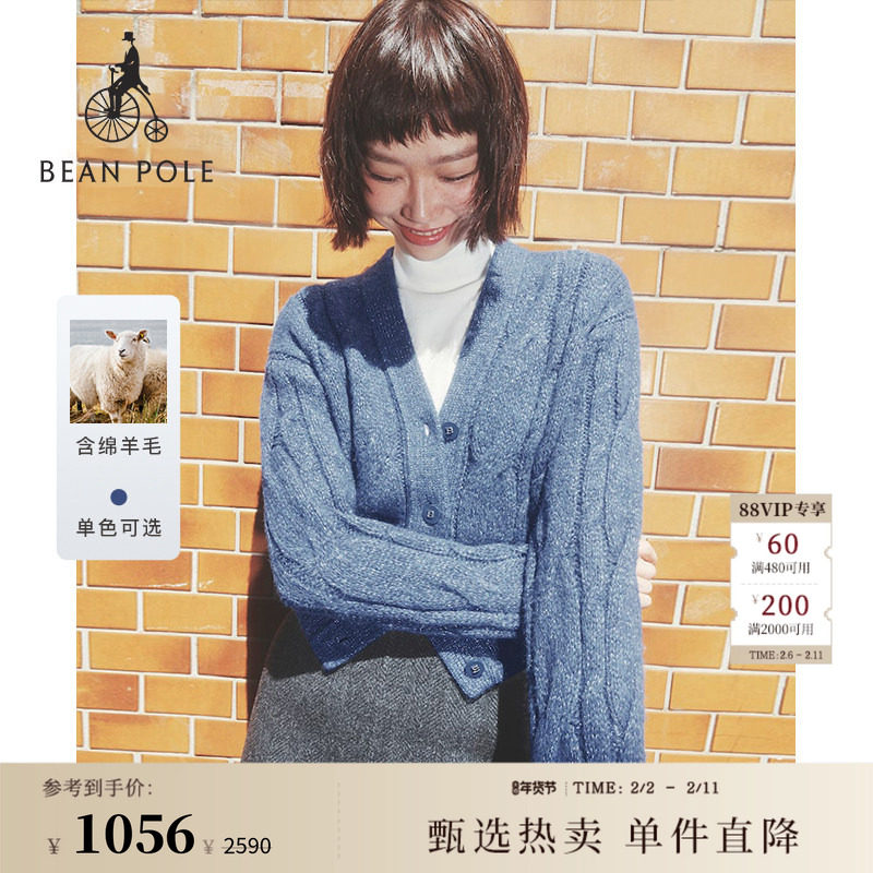 含绵羊毛 BEANPOLE滨波 女士休闲潮酷金属纱麻花V领针织开