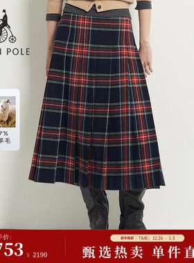 【新品】含绵羊毛BEANPOLE滨波2025年秋冬女士时尚圣诞褶皱半身裙