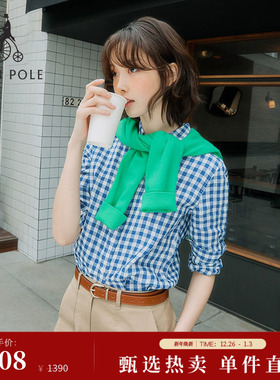 【新品】BEANPOLE滨波  2025夏季女士优雅蓝色小格纹修身长袖衬衫