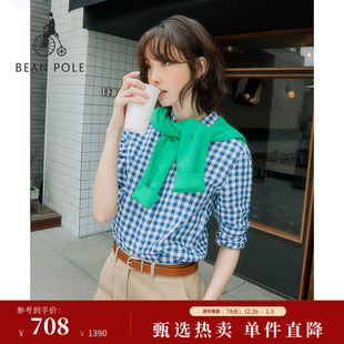 新品 长袖 BEANPOLE滨波 女士优雅蓝色小格纹修身 衬衫 2025夏季