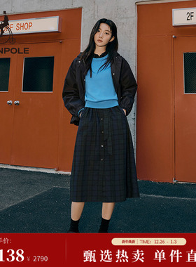 BEANPOLE滨波女士格纹职场优雅风简约收腰修身长袖气质中长连衣裙