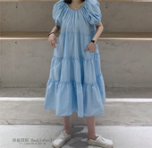灯笼袖 宽松大码 一字领韩版 欧洲站夏季 短袖 T恤女bf风甜美连衣裙ins