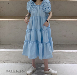 一字領韓版 歐洲站夏季 燈籠袖 寬松大碼 T恤女bf風甜美連衣裙ins 短袖