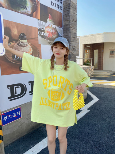 大码宽松字母印花开叉短袖t恤女
