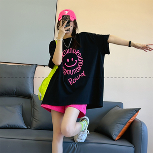 显瘦中长款 夏季 T恤女百搭休闲半袖 纯棉亮色宽松大码 上衣 笑脸短袖