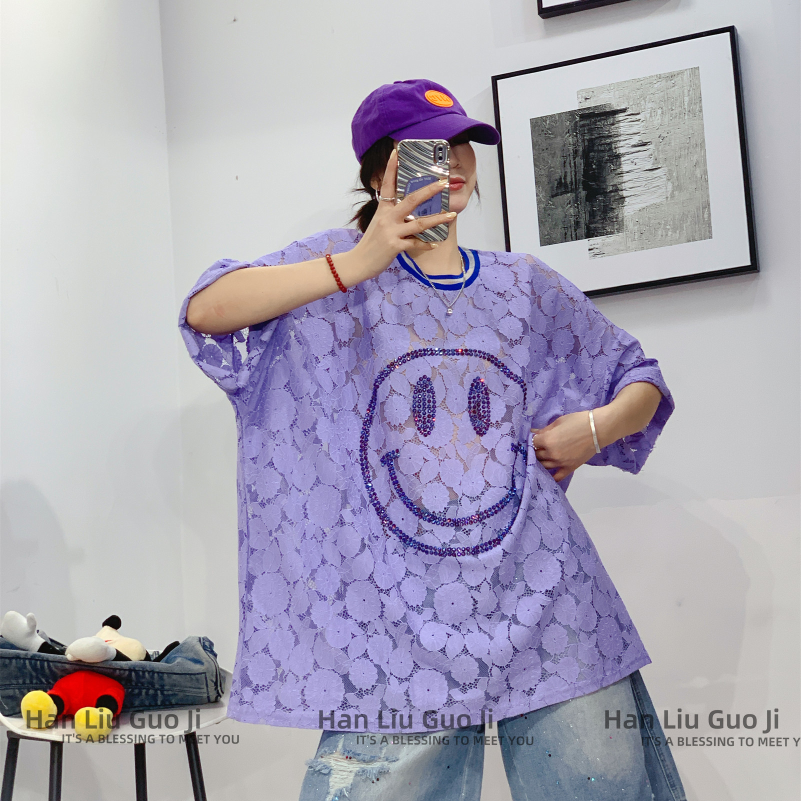 欧货宽松大板烫钻重工短袖T恤女中长款蕾丝镂空透气百搭夏季上衣