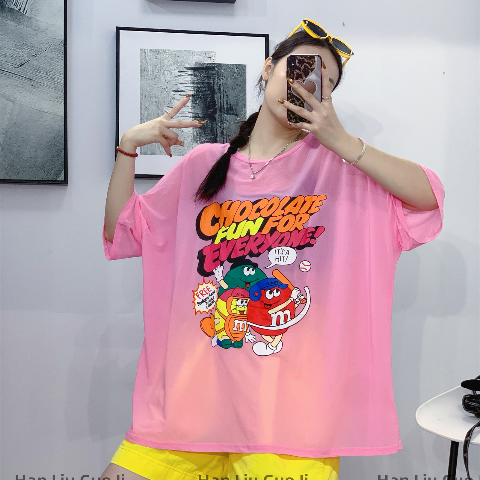 卡通印花短袖T恤女夏季新款宽松圆领防晒罩衫遮肉百搭中长款上衣