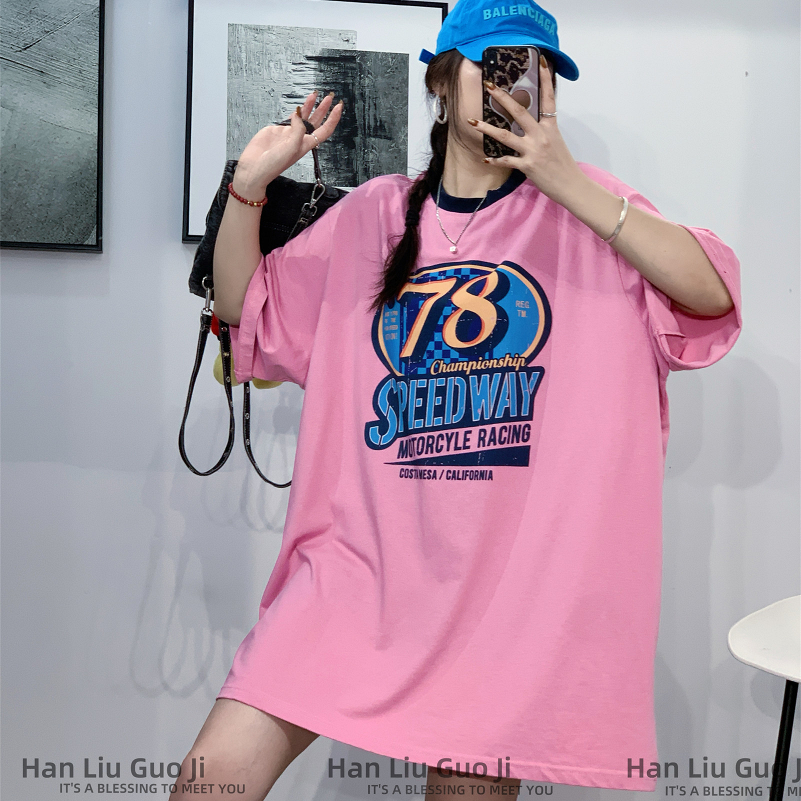 韩系宽松大板做旧字母印花中长款短袖T恤女夏季圆领撞色减龄上衣