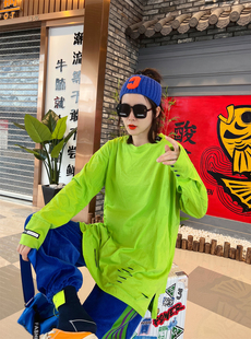 春秋纯棉宽松破洞长袖t恤女内搭大码打底衫中长款ins显瘦休闲上衣