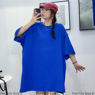 克莱因蓝色夏季大版短袖T恤女宽松oversize中长款显瘦遮肉上衣ins