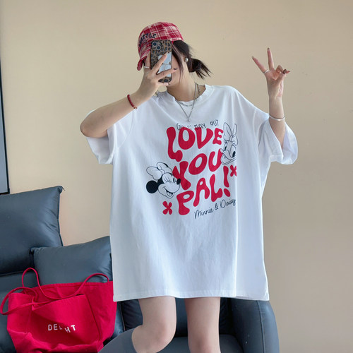 夏季全棉宽松中长款短袖T恤女