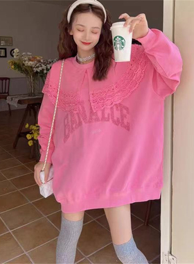 JL SUNFLOWER秋季新款圆领亮片刺绣卫衣女宽松大码蕾丝高级感上衣