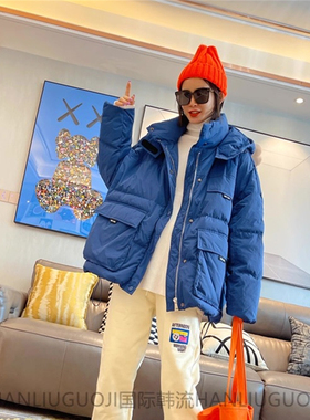 TY家休闲羽绒服白鸭绒长袖连帽中长款秋冬季加厚大口袋工装外套女
