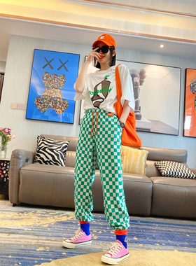 绿色格子裤子女潮ins显瘦百搭春秋款大码宽松运动休闲裤束脚卫裤