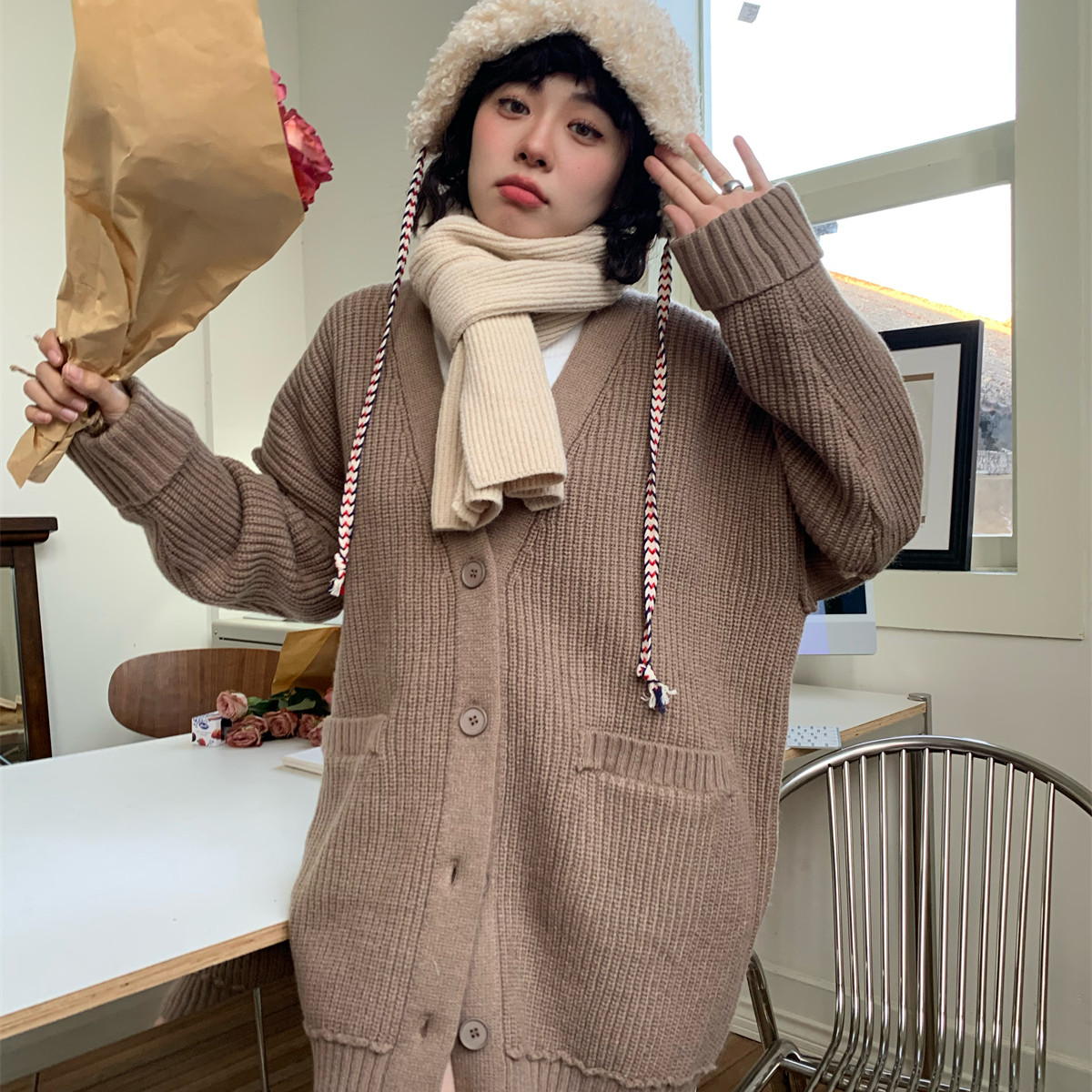 加厚开衫毛衣女冬季v领针织衫