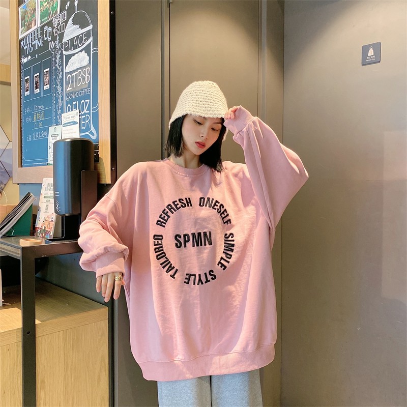 慵懒风大码秋冬季加厚刺绣卫衣女