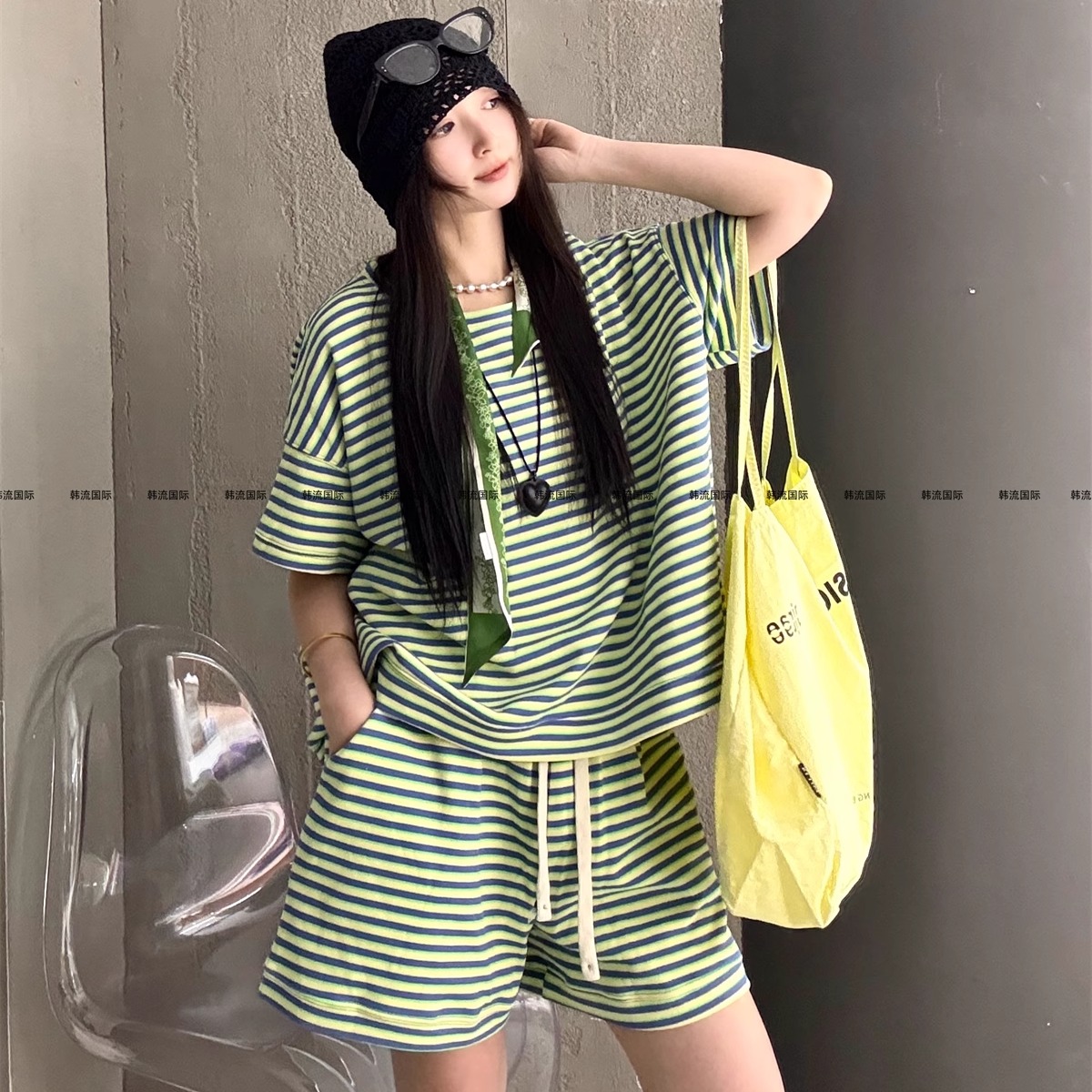 夏季顯瘦撞色條紋短袖短褲套裝