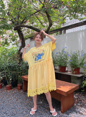 夏季宽松中长款蕾丝拼接连衣裙女