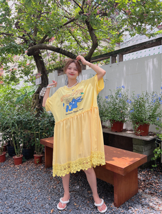 JL SUNFLOWER重工亮片宽松显瘦印花蕾丝拼接连衣裙女夏季大码裙子